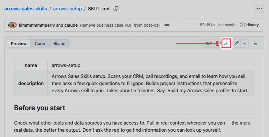 The SKILL.md file on GitHub, with the download raw file button highlighted