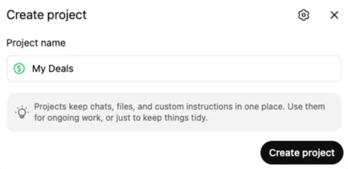 The Create project dialog in ChatGPT, with the project named My Deals