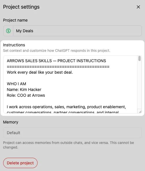 The ChatGPT project settings panel, with the sales profile pasted into the instructions field