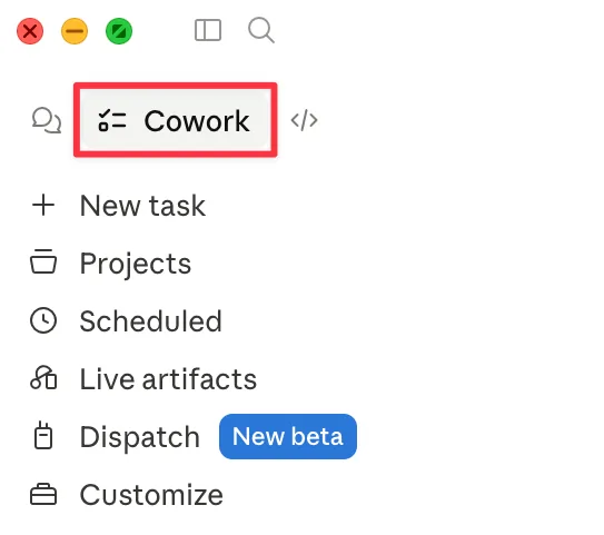 The Claude desktop sidebar with Cowork selected