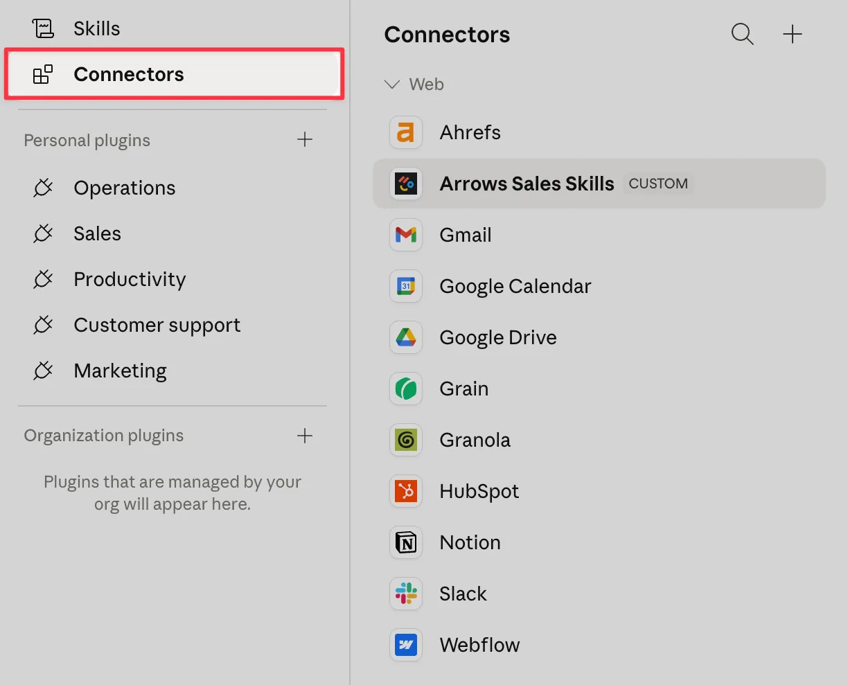 The Connectors settings in Claude desktop, showing Arrows Sales Skills installed as a custom connector