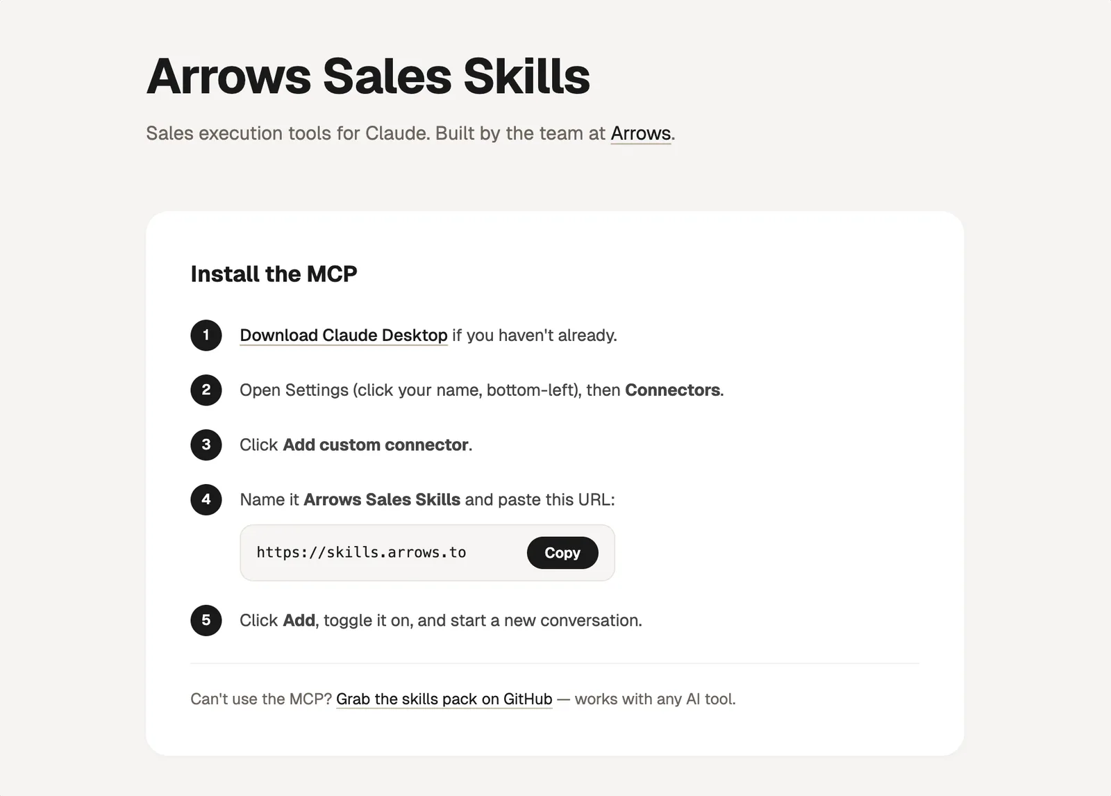 The Arrows Sales Skills install page at skills.arrows.to
