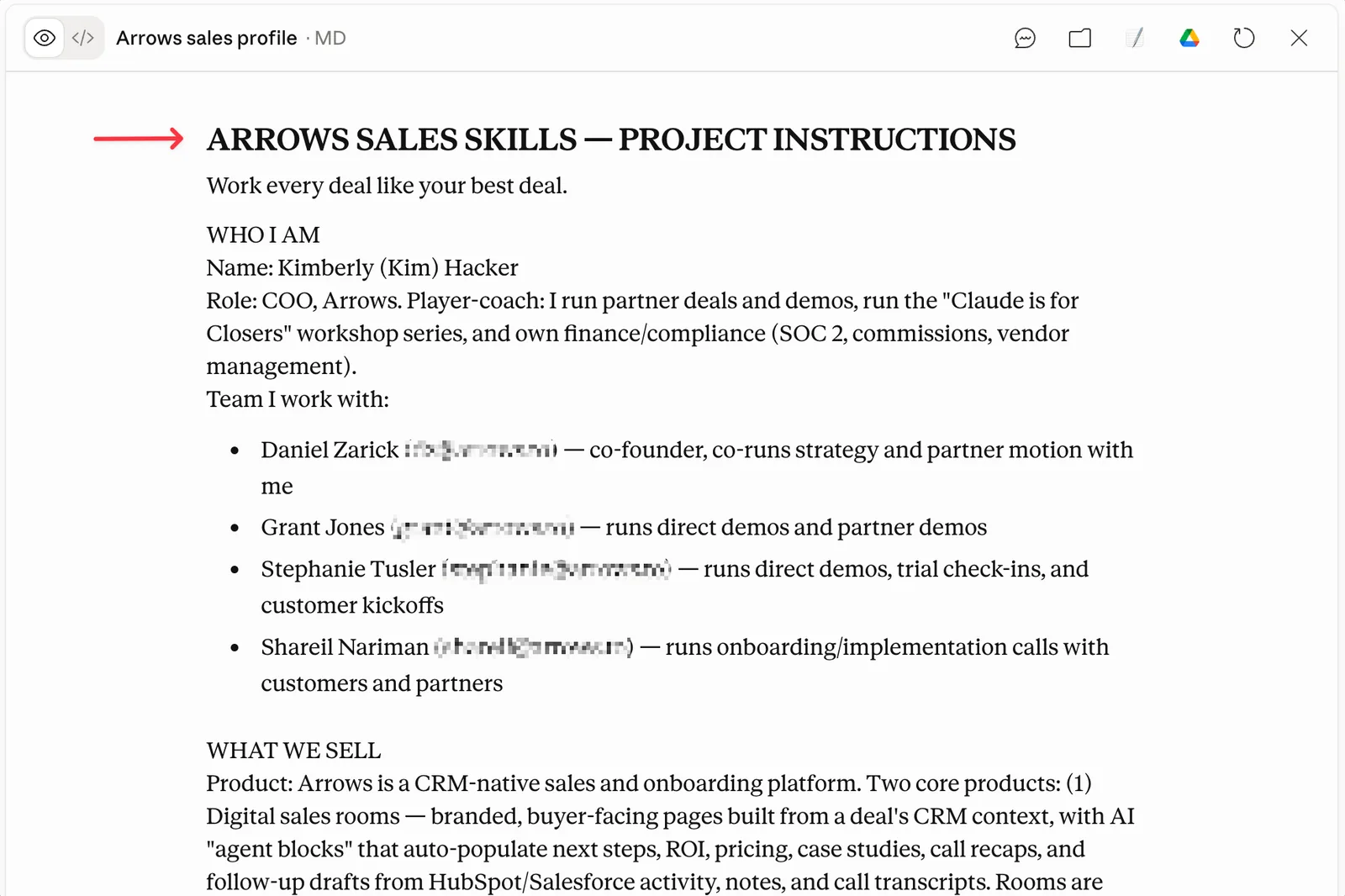 The finished Arrows sales profile, open as a markdown document