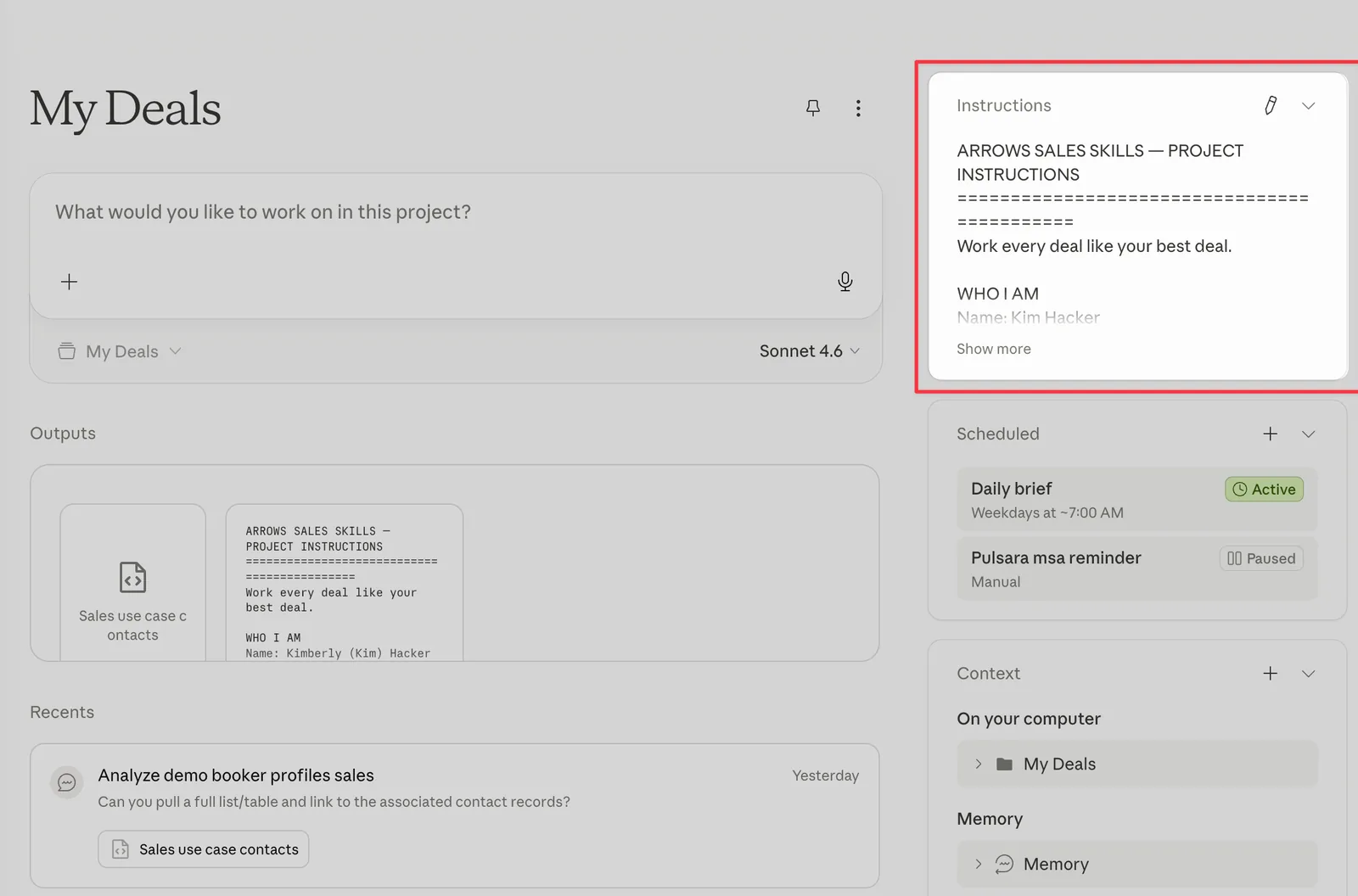 The My Deals project in Claude, with the sales profile saved into its instructions panel