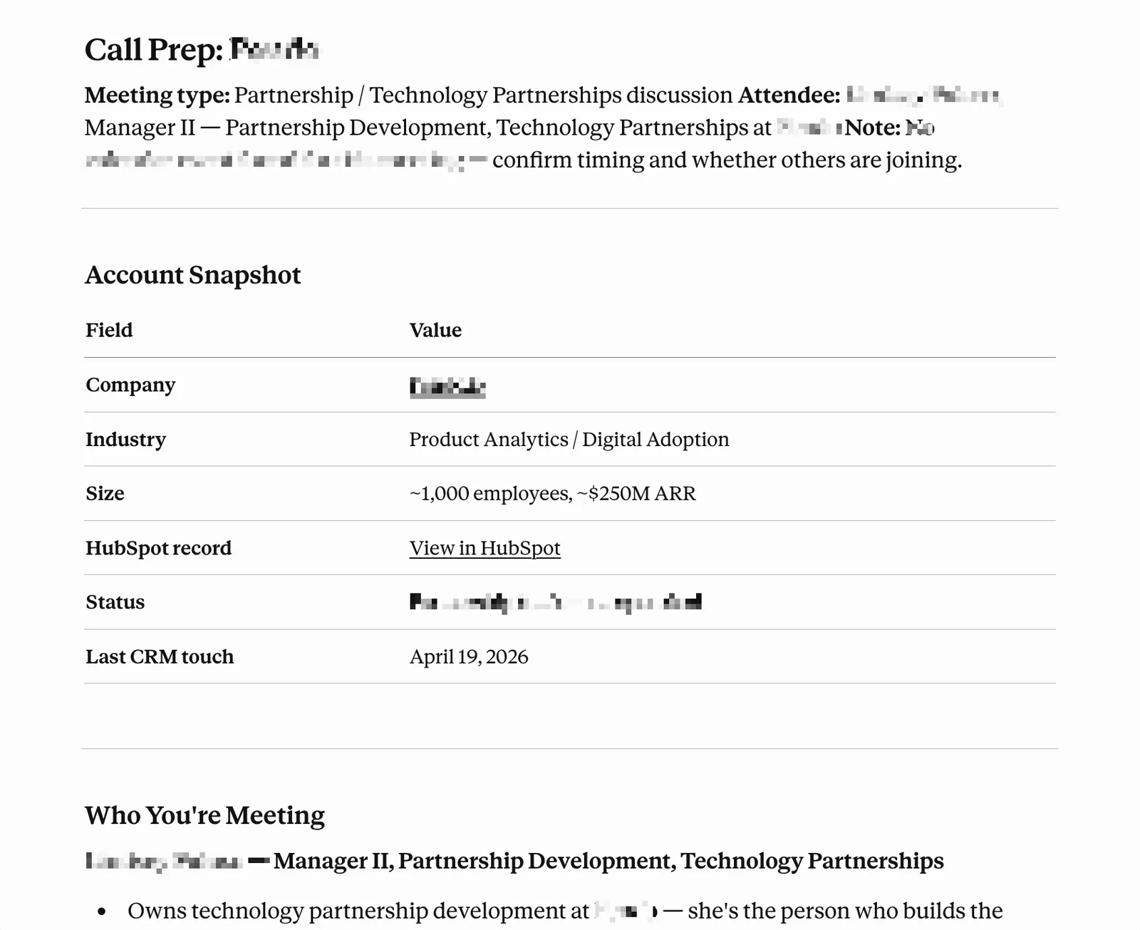 A generated call prep brief, with an account snapshot table and a section on who you are meeting