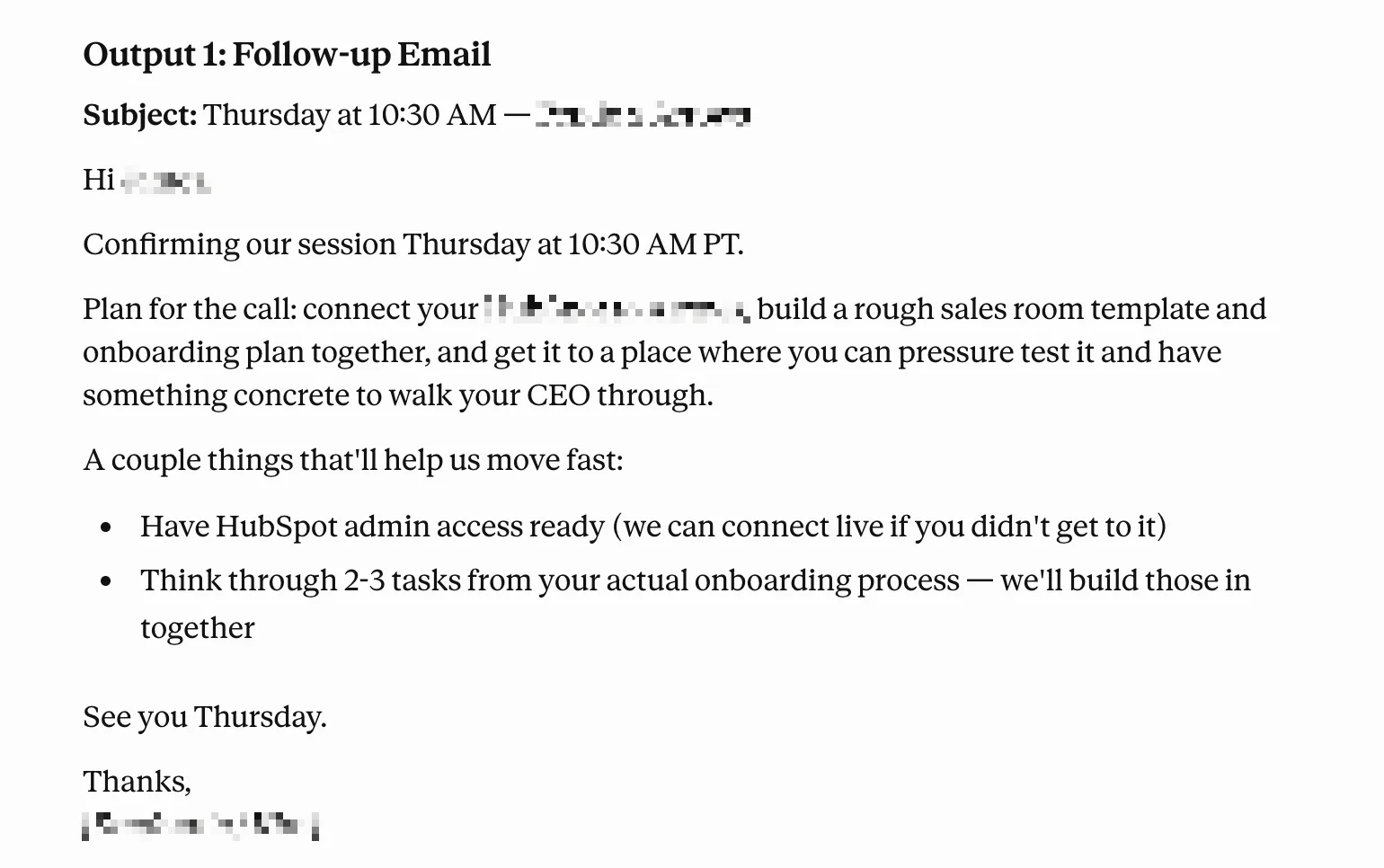 A generated follow-up email draft, with a subject line, a plan for the call, and two bullet points