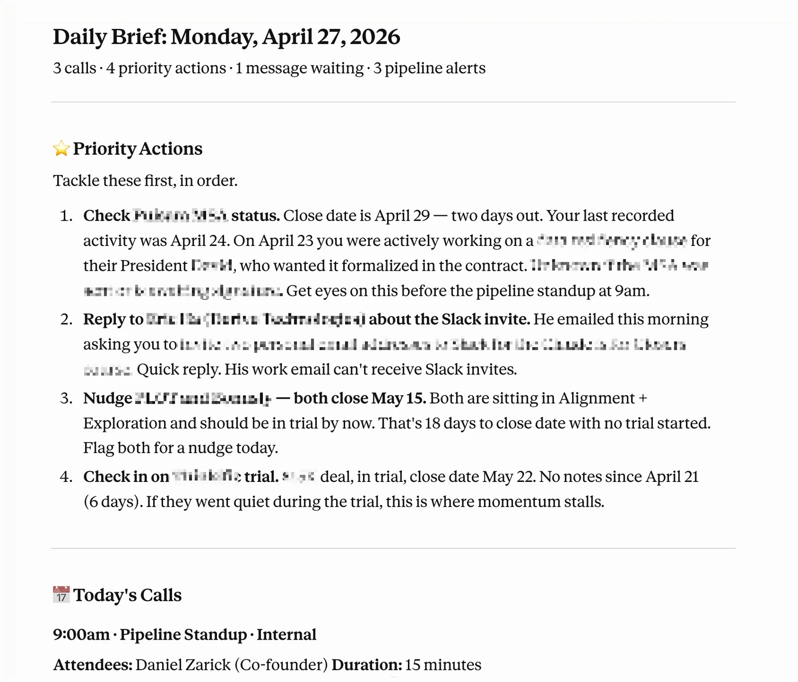 A generated daily brief listing priority actions and today’s calls