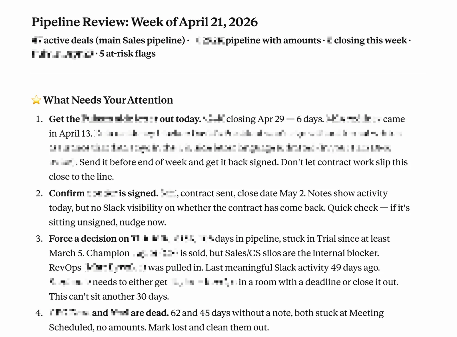 A generated weekly pipeline review listing the deals that need attention