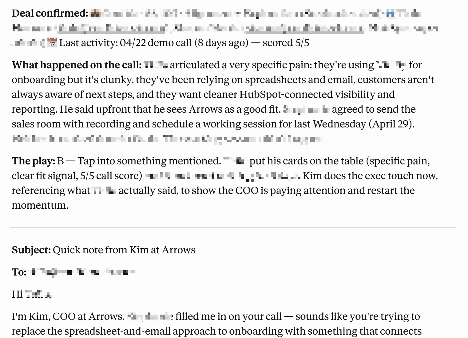 A generated stalled deal nudge, with the play it picked and the re-engagement email it drafted